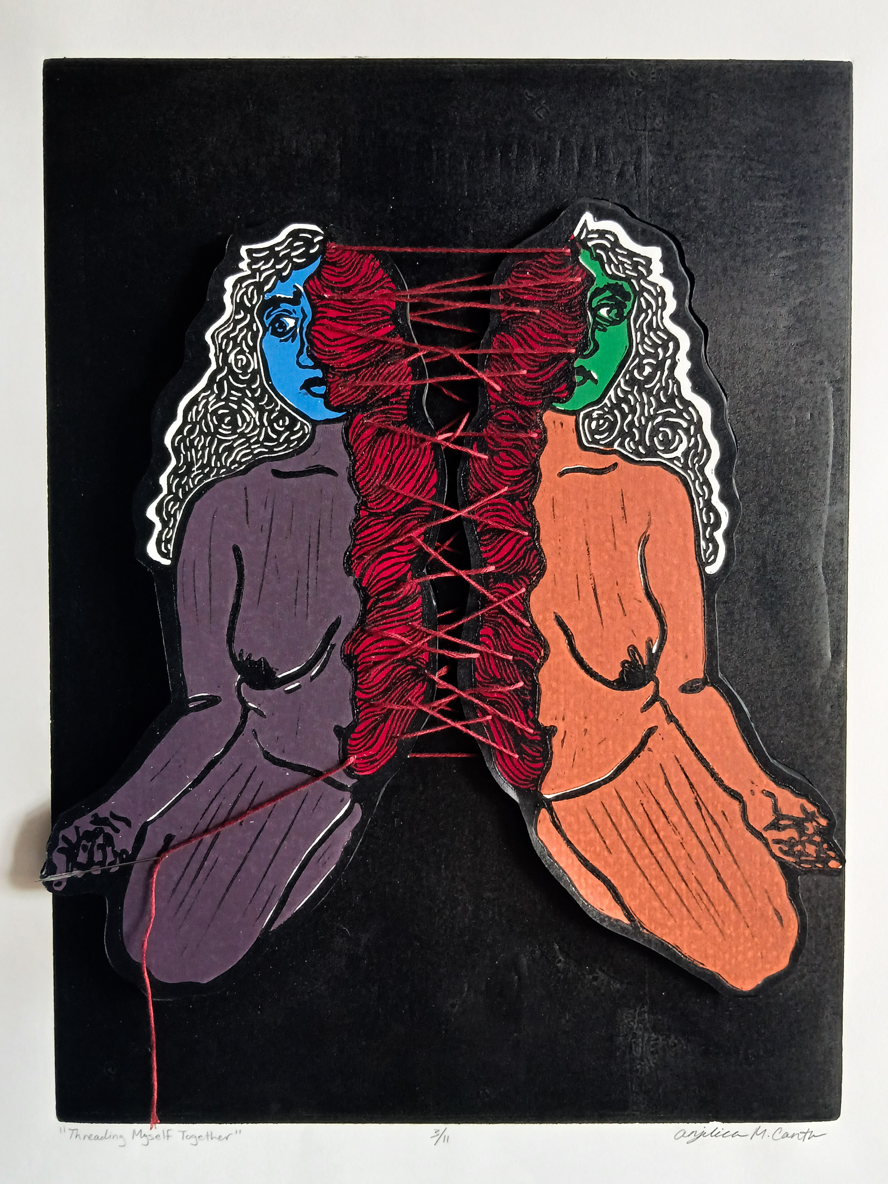 Relief Print Entitled Threading Myself Together